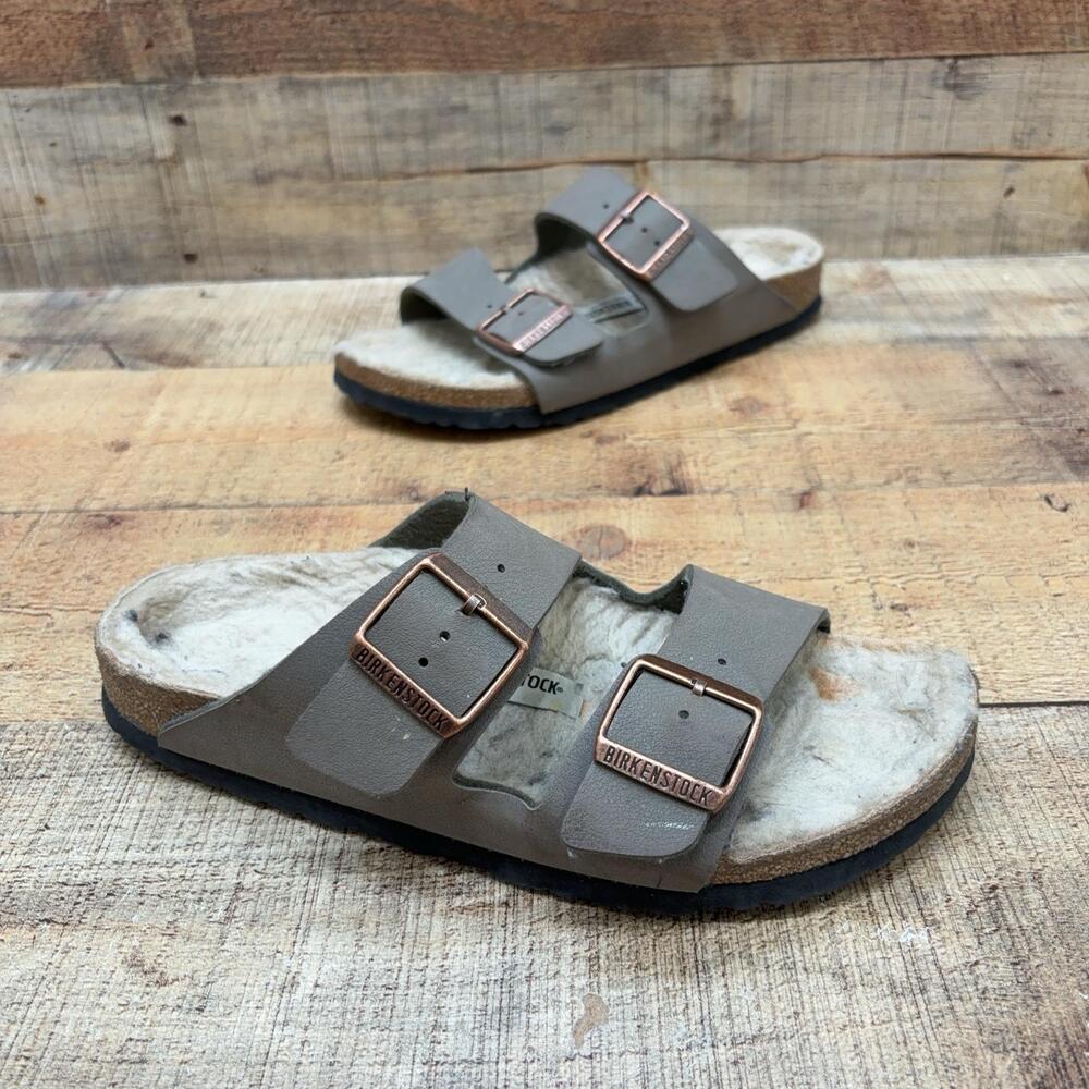 Birkenstock Arizona Shearling Sandals Womens Size 8 39 Brown Nubuck Slide Shoes